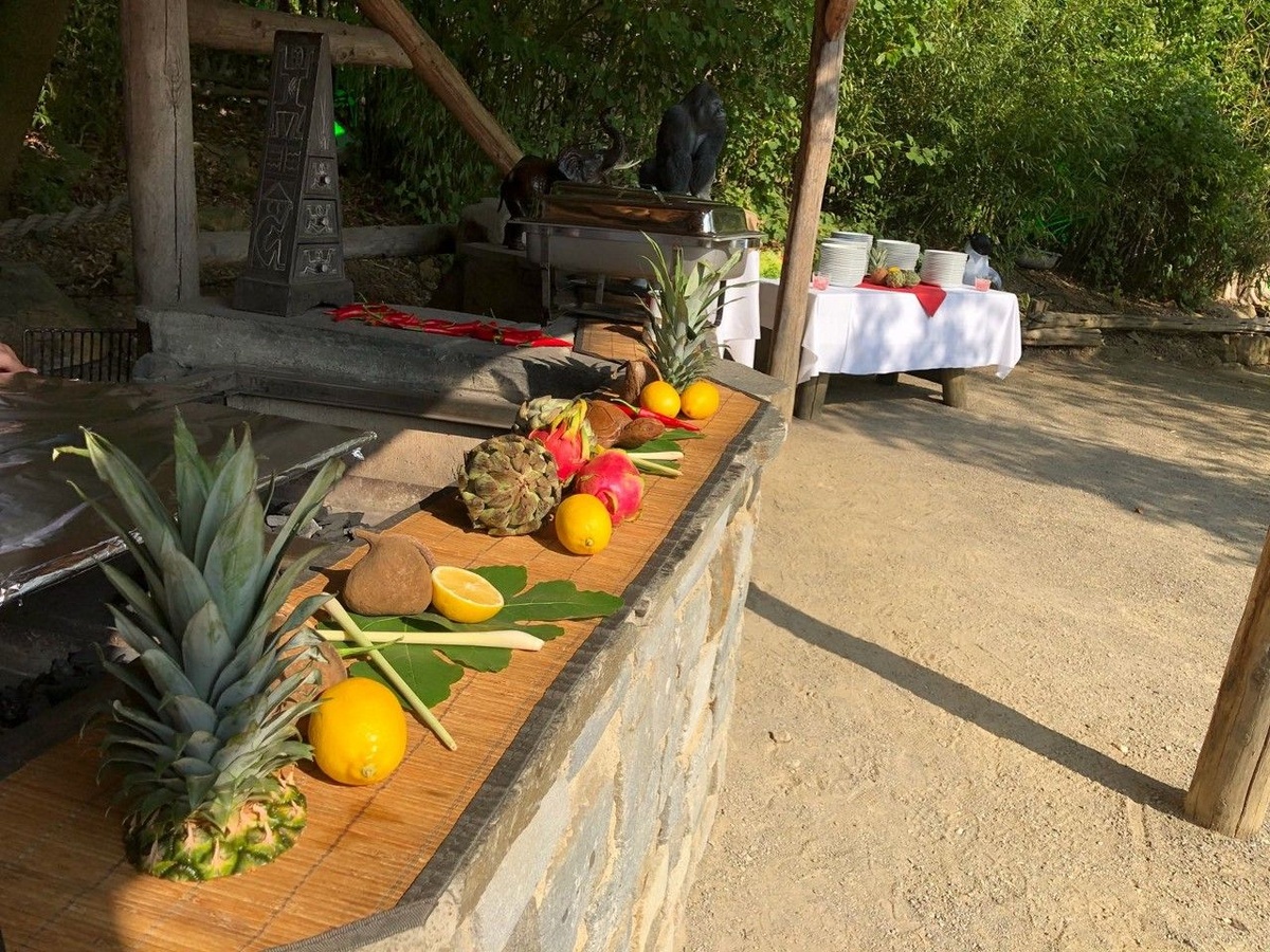 Verschiedene exotische Früchte Ananas, Zitrone, Artischocke, Drachenfrucht) auf Steinplatte.