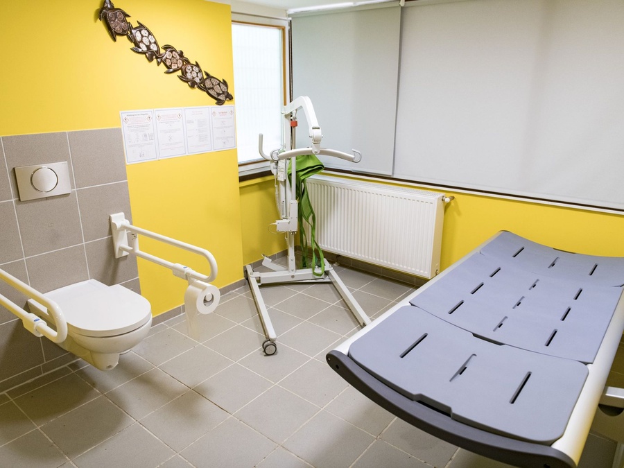 Barrierefreies WC mit Haltegriffen, Pflegeliege, Lifter, gelber Wand und Fenster.